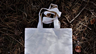 Bolsa de tela sobre pasto seco.