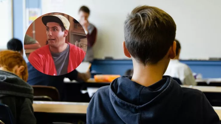 foto de salón de preparatoria con alumnos y captura de pantalla de Adam Sandler en la película Billy Madison.