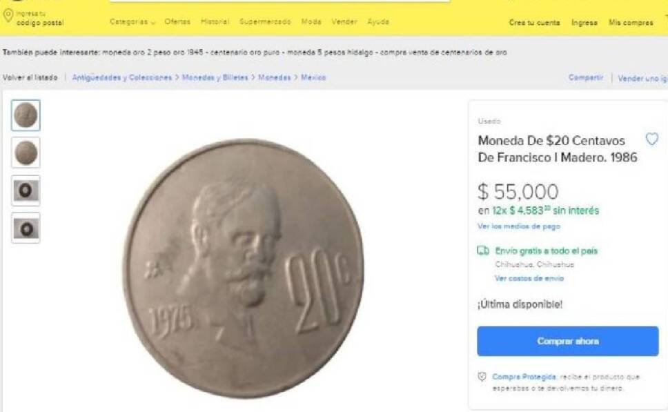 Moneda de 20 centavos se vende hasta 55 mil pesos
