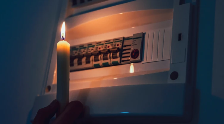 Una persona alumbra con una vela la caja de luz en su casa