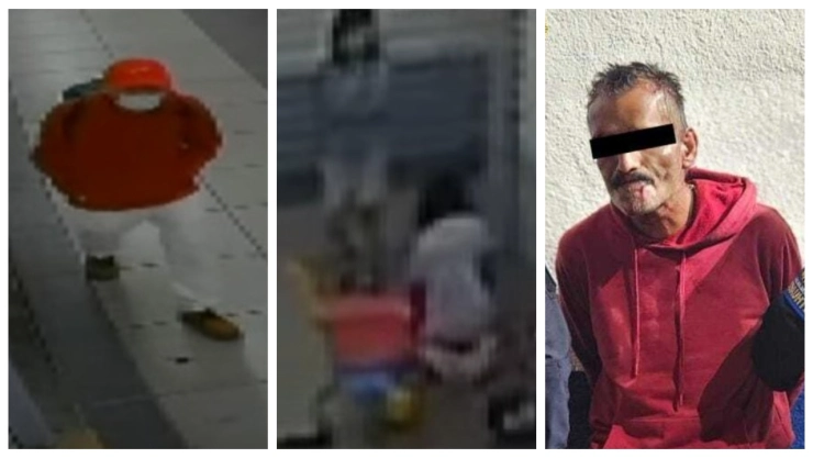Capturan a presunto agresor de niña en mercado de San Cosme de la alcaldía Cuauhtémoc, CDMX. En la imagen, dividida en tres bloques, se observa cómo fue el ataque del presunto agresor, además, se muestra el momento exacto de su detención.