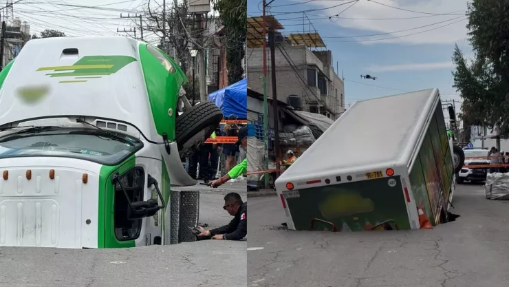 VIDEO | Camión de refrescos cae en un socavón en Iztapalapa, CDMX