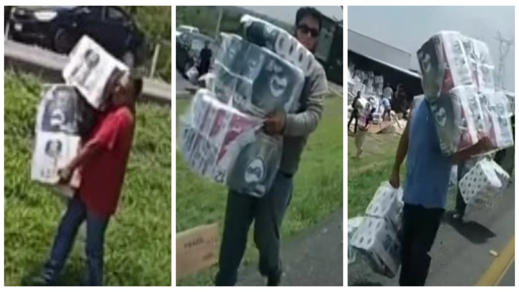 Vuelca tráiler en Monterrey y desata rapiña de papel higiénico: VIDEO