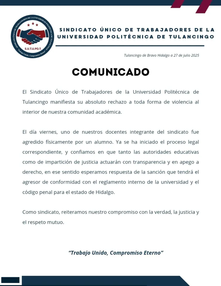 comunicado sindicato universidad politécnica de Tulancingo
