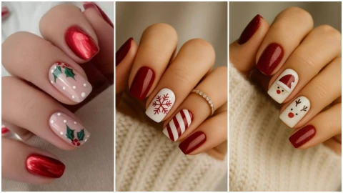 modelos de uñas rojas con blanco para que uses esta Navidad