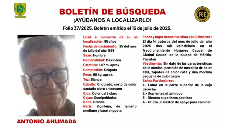 Boletín de búsqueda en Yucatán_ Antonio Ahumada de 65 años está desaparecido y su familia lo busca