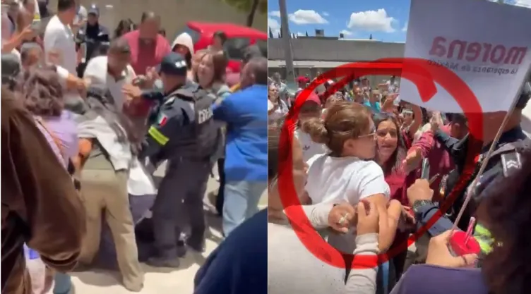 Hermana de senadora Mariela Gutiérrez termina a golpes en asamblea de Morena.