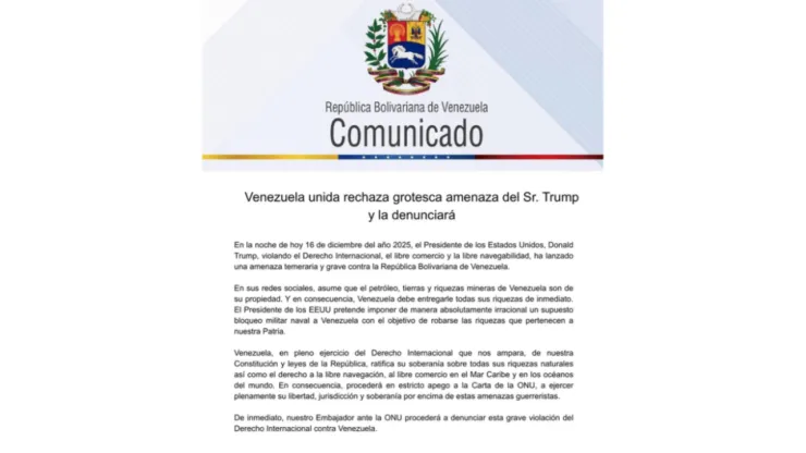 Comunicado emitido por el gobierno de Venezuela en el que rechaza el bloqueo petrolero ordenado por Donald Trump