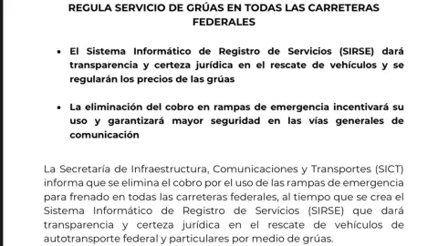 eliminaran-cobro-rampa-de frenado-emergencia-sict-operacion-gruas-tarifas-comunicado