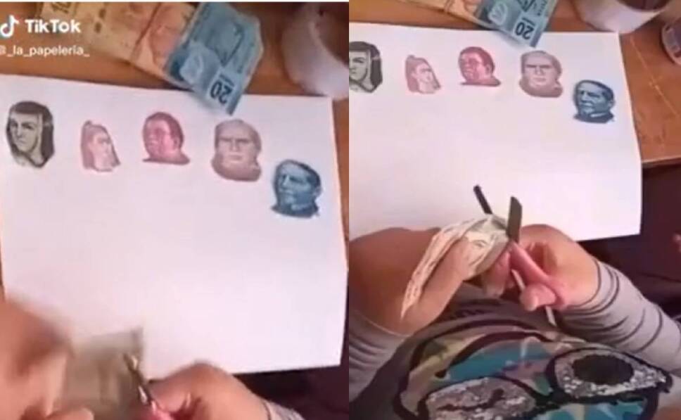 Niña recorta billetes para ilustrar su tarea