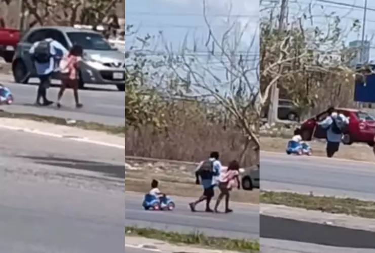 ¡De TERROR! Cruzan el periférico de Mérida con su hija a bordo de un carro de juguete