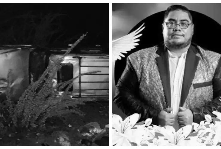 ‘Tamborazo de Villa’ sufre fatal accidente en carretera Durango - Parral; reportan muerte de integrante. En la imagen se observa la camioneta tras la aparatosa volcadura donde perdió la vida, Jesús Burgos. En otra parte de la postal, se observa al integrante que falleció.