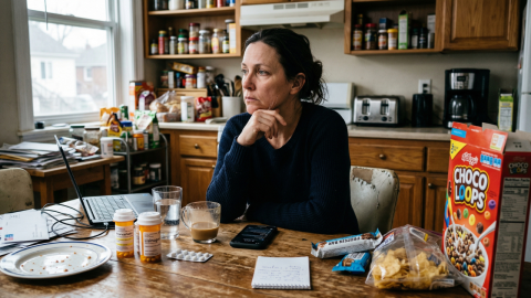 Retrato de mujer adulta en cocina o espacio cotidiano, rodeada de elementos simbólicos de salud (medicamentos, comida procesada, celular, sedentarismo), mirada seria y reflexiva, luz contrastada.
