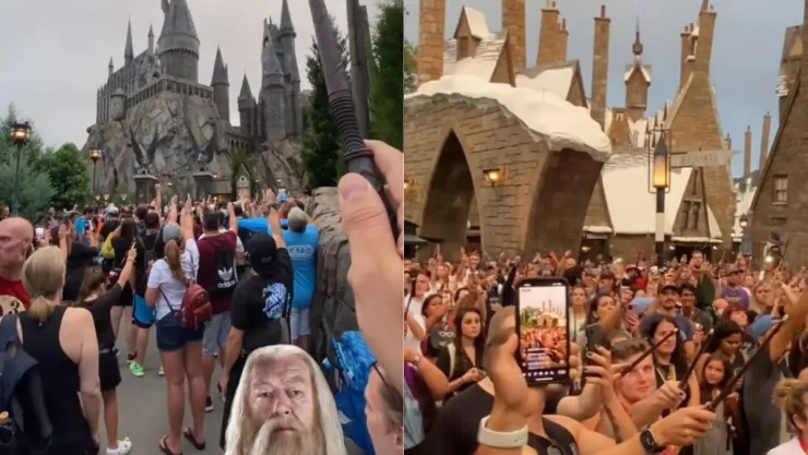Video Con varitas arriba despiden a Michael Gambon Dumbledore en Harry Potter en Diagon Alley