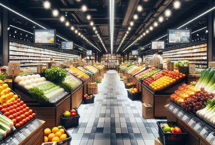 Un pasillo de supermercado con frutas y verduras.