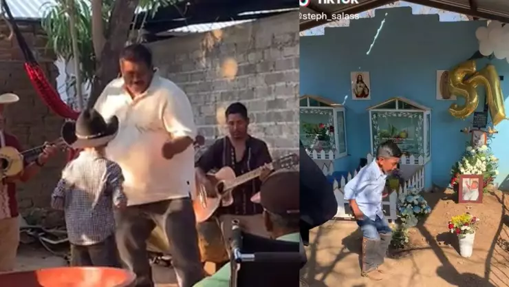 Niño baila junto a la tumba de su papá