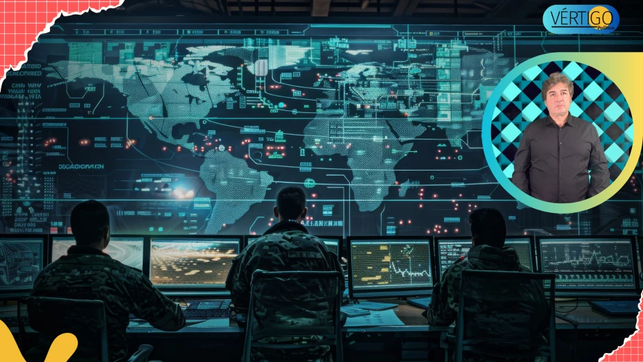 Centro de control militar con pantallas de datos y mapas digitales