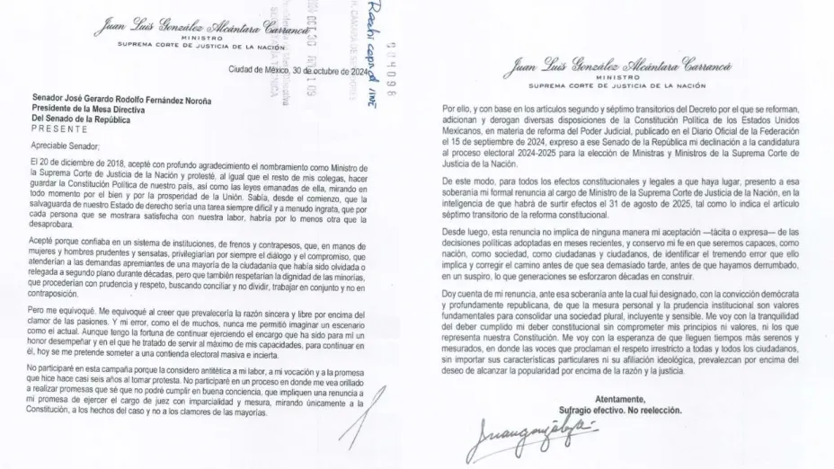 El escrito de renuncia del ministro Juan Luis González Alcántara Carrancá