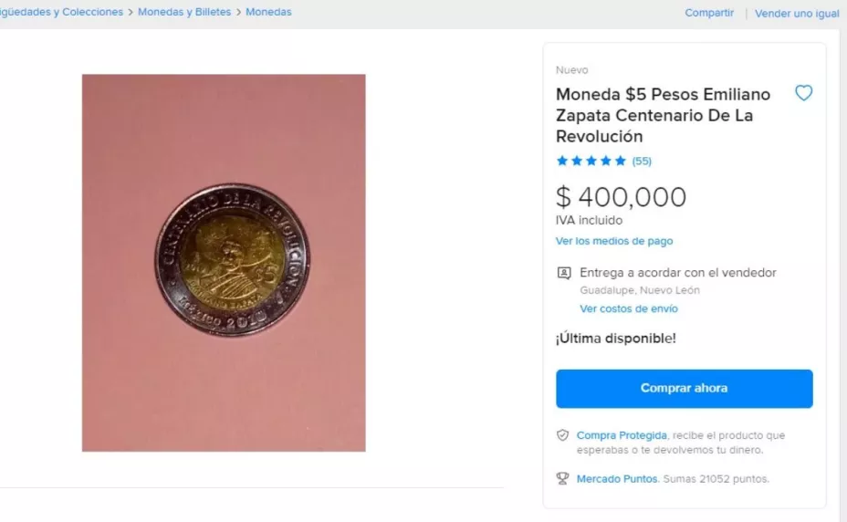 Moneda de 5 pesos cuesta 400 mil pesos en Internet.