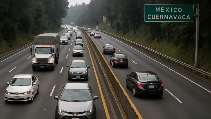 Tráfico pesado y reducción de carriles en la autopista México–Cuernavaca.