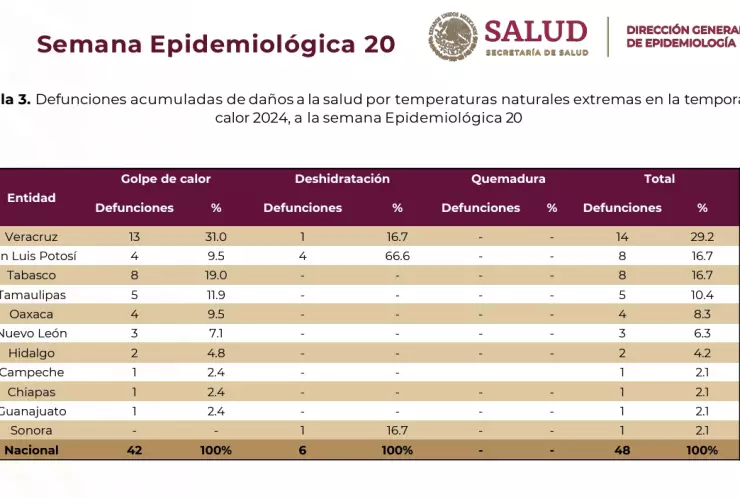 Defunciones acumuladas de daños a la salud por temperaturas naturales extremas en la temporada calor.