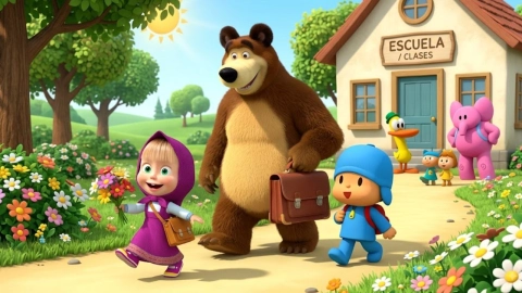 Masha y el Oso y Pocoyó ir a la escuela