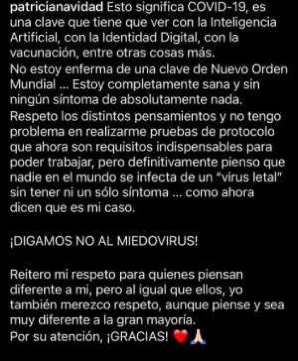Paty Navidad reconoció que dio positivo en una prueba PCR a la que se sometió, sin embargo, aseguró estar completamente sana.