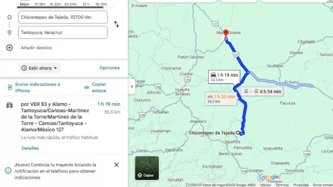 Mapa de Veracruz, donde se muestra el camino de Chicontepec a Tantoyuca, lugares donde secuestraron a dos policías municipales