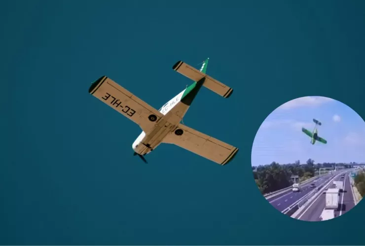 Imagen de avión ligero en el aire y captura de pantalla de video de avionazo en Italia del 22 de julio de 2025.