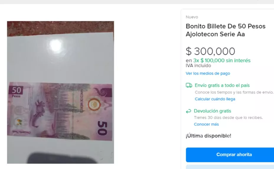 Hasta 300 mil pesos por este billete de 50 pesos del ajolote