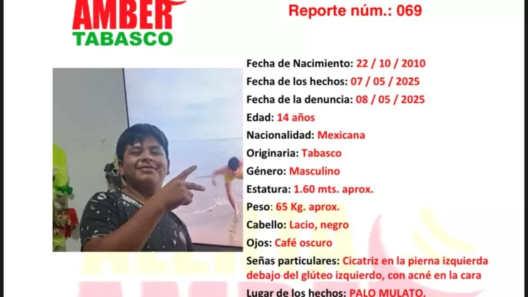 ALERTA AMBER TABASCO 2025: Nelson Díaz Córdova desapareció en Huimanguillo