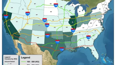Incautaciones de cocaína en las 10 carreteras interestatales más transitadas de EU, por peso, 2024