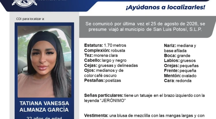 Desaparece colombiana Tatiana Vanessa Almanza García en San Luis Potosí.
