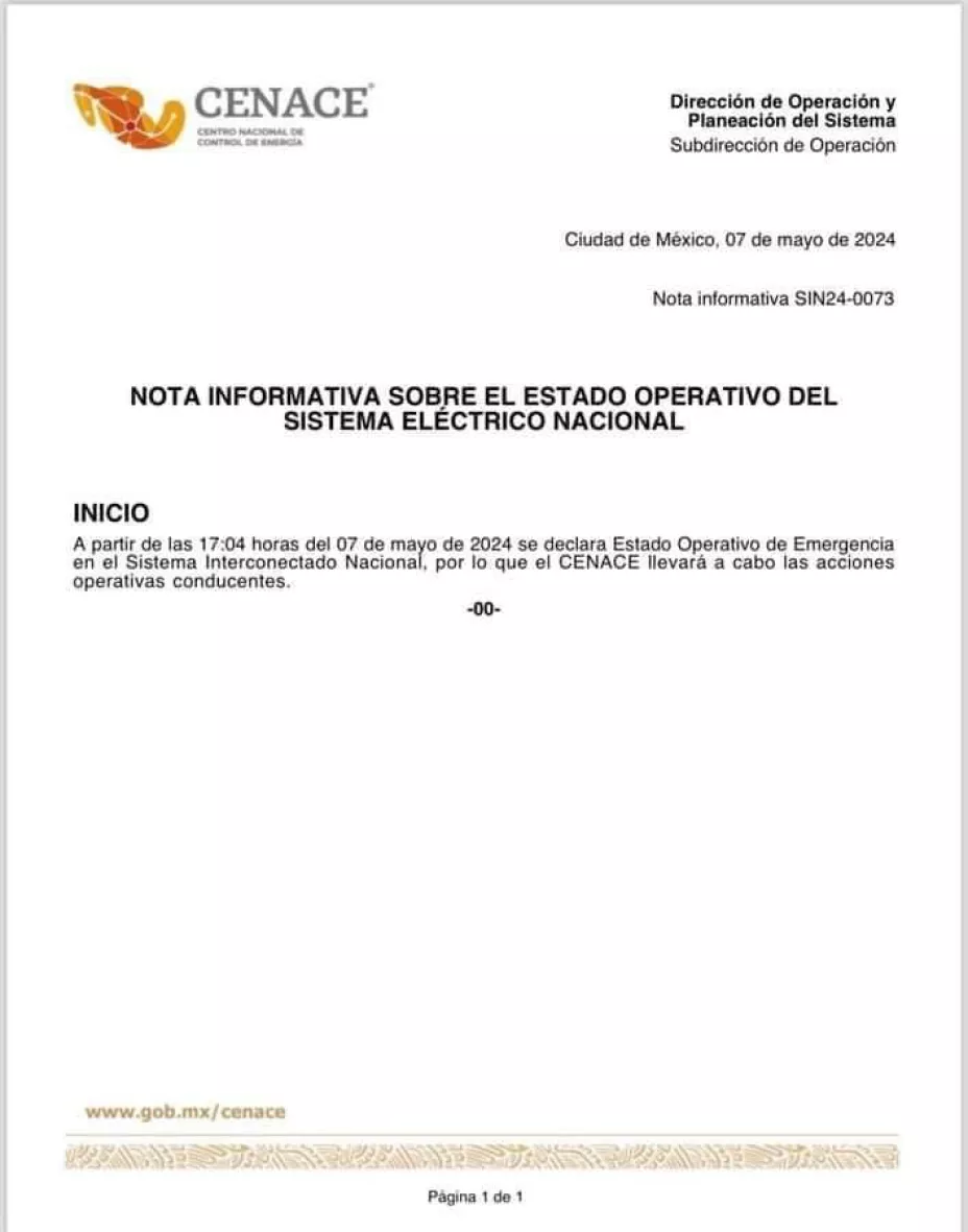 CENACE confirma APAGONES en varios puntos de México ante advertencia de Estado Operativo de Emergencia
