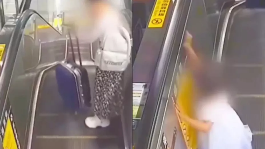 VIDEO: Policía rescata a niña que bajaba sola en escaleras eléctricas; mientras su madre descendía con su maleta