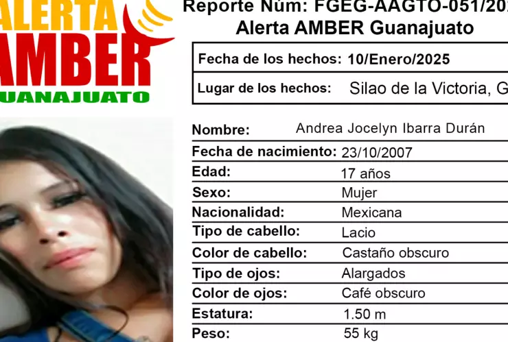 Alerta Amber Guanajuato de la adolescente Andrea Jocelyn Ibarra Durán de 17 años, en Silao, Guanajuato.png