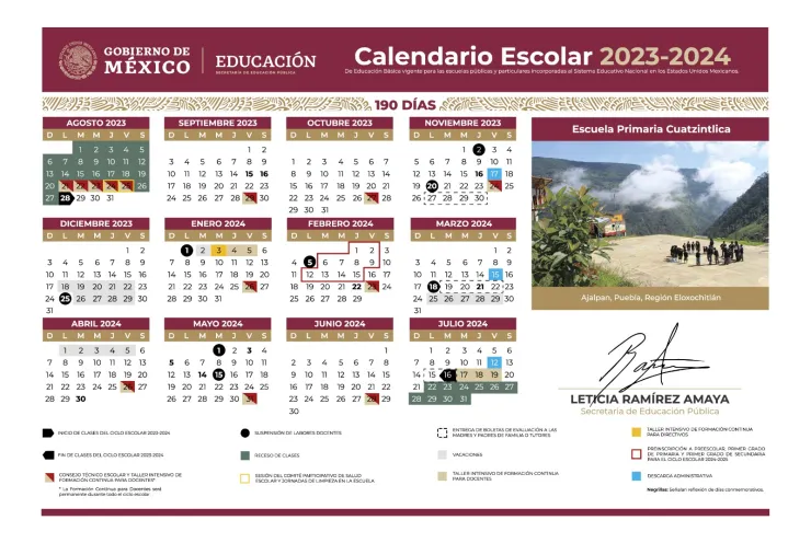 Calendario SEP escuela Ajalpan, Puebla