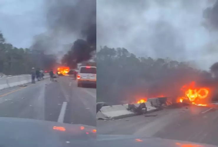 Vehículo se incendia en la autopista Mérida- Cancún genera tráfico vial este lunes.jpg