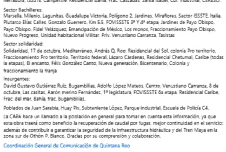 Información sobre el corte de agua en Chetumal el Miércoles 19 de marzo de 2025 por CAPA