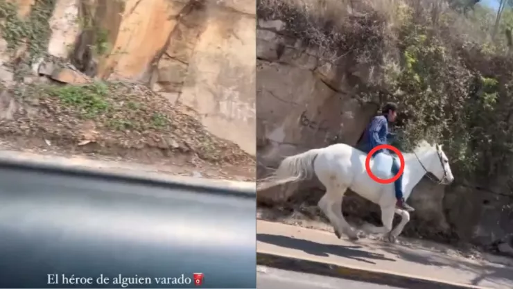 Hombre lleva gasolina en caballo