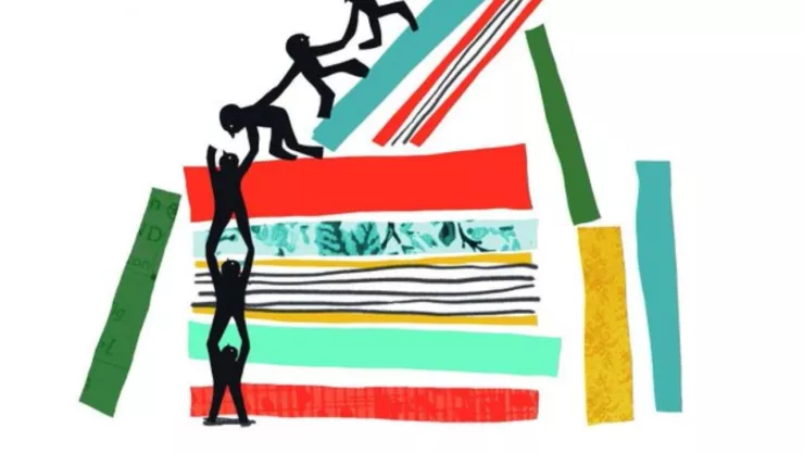 El logo de la Fiesta del Libro y la Rosa UNAM 2025 que incluye libros y pequeños humanos trepando por ellos.