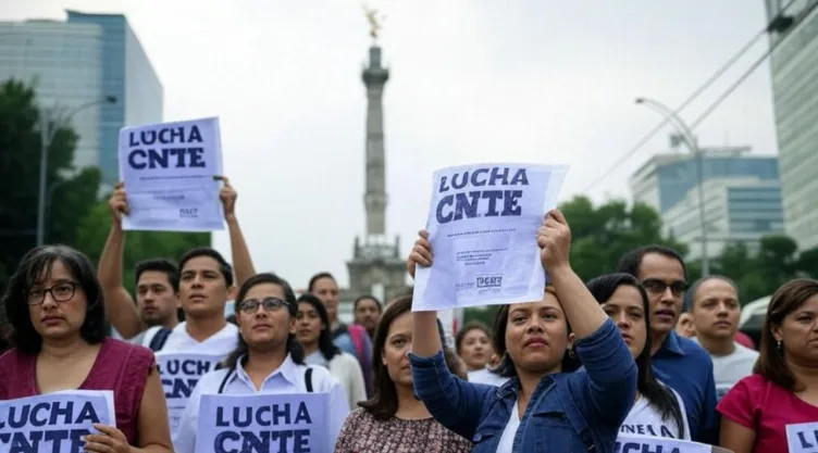 (Imagen realizada con inteligencia artificial) Maestros del CNTE se manifiestan frente al Ángel de la Independiencia.