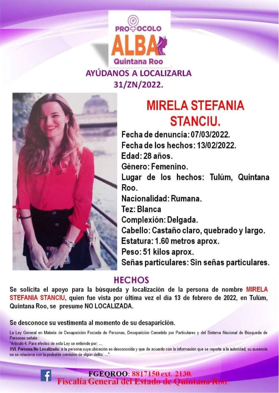 Activan protocolo Alba para encontrar la rumana Mírela Stanciu
