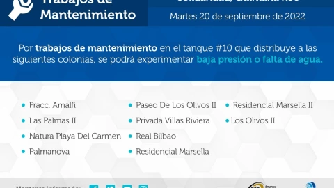 Anuncian baja presión o falta de agua en Solidaridad