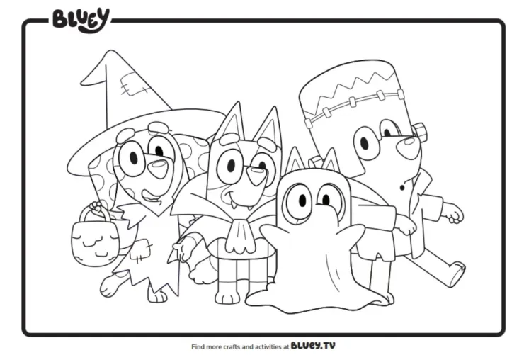 Plantilla 1 de Bluey con temática de Halloween para colorear