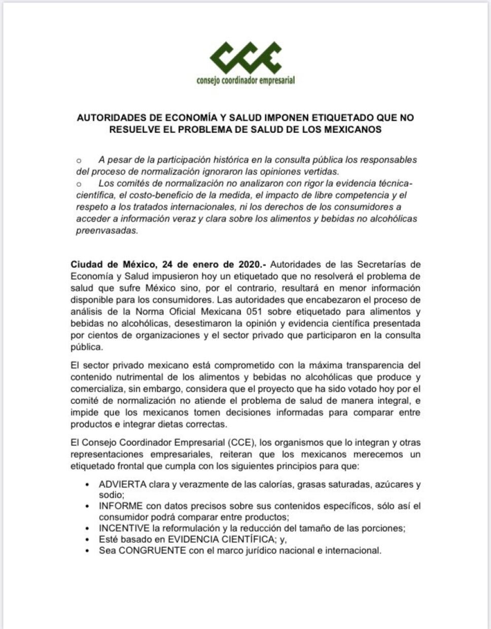CCE sobre etiquetado en México