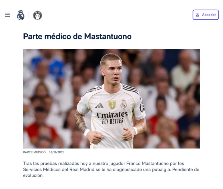 Parte médico de Franco Mastantuono