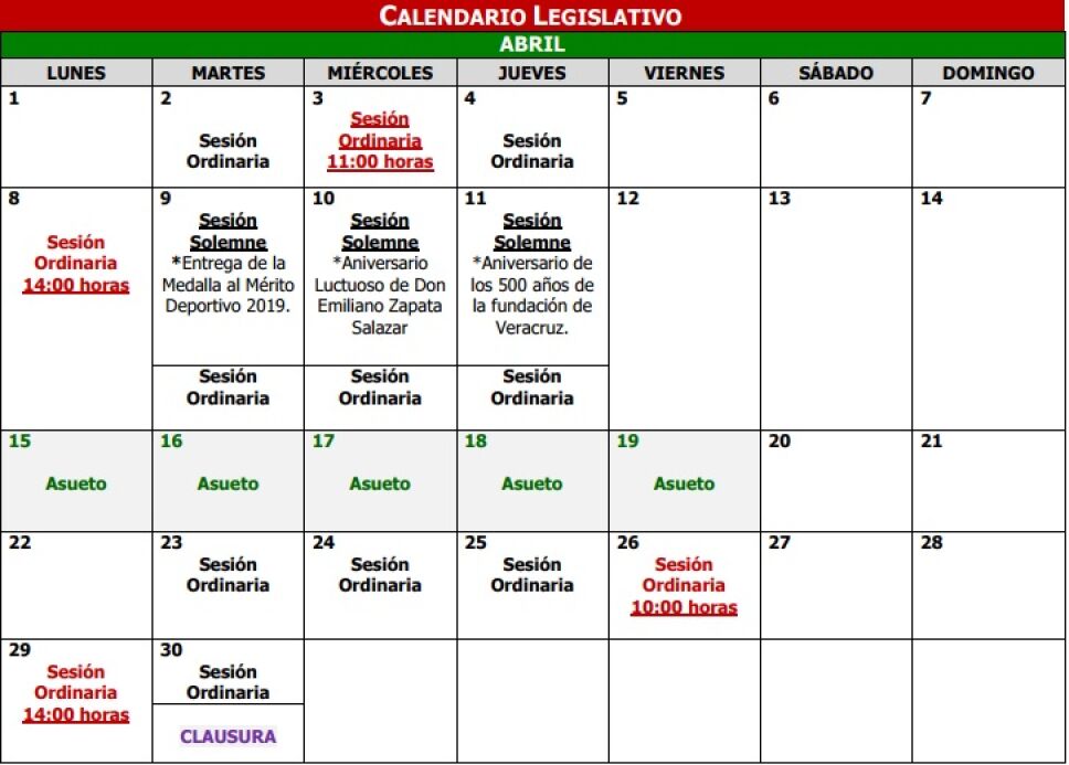 Calendario sesiones