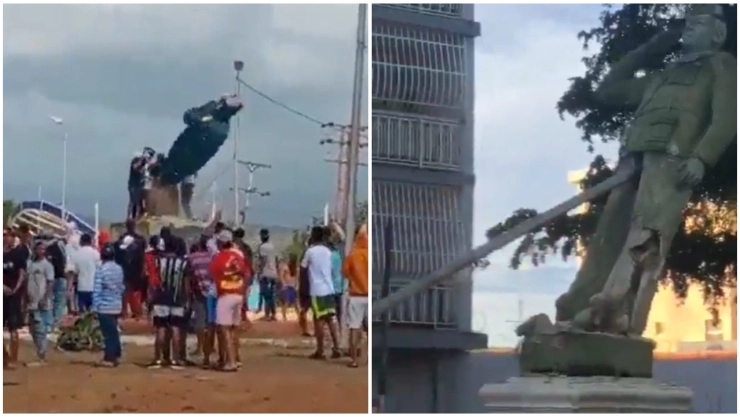 Venezolanos derriban estatuas de Hugo Chávez en Venezuela.