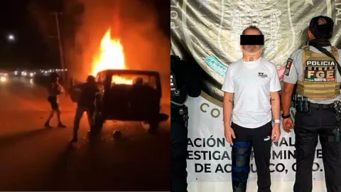 Jeep incendiándose y conductor detenido en Acapulco.